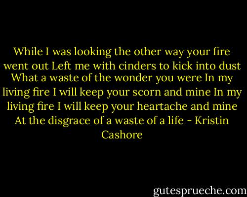 While I was looking the other way your fire went out<br />Left me with cinders to kick into dust<br />What a waste of the wonder you were<br />In my living fire I will keep your scorn and mine<br />In my living fire I will keep your heartache and mine<br />At the disgrace of a waste of a life - Kristin Cashore