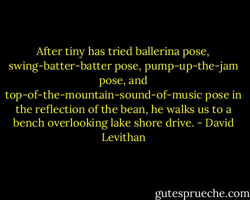 After tiny has tried ballerina pose, swing-batter-batter pose, pump-up-the-jam pose, and top-of-the-mountain-sound-of-music pose in the reflection of the bean, he walks us to a bench overlooking lake shore drive. - David Levithan