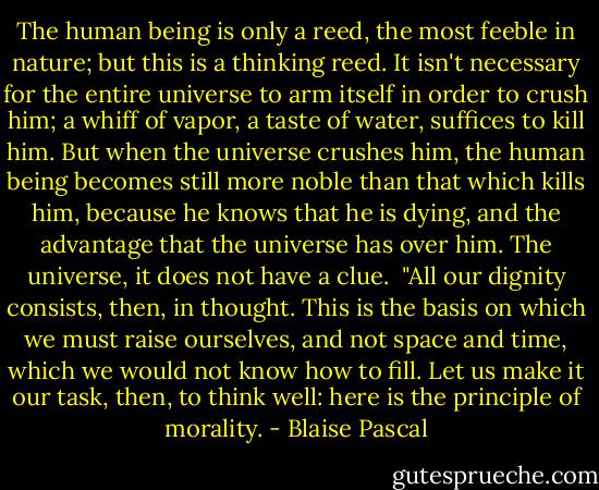 The human being is only a reed, the most feeble in nature; but this is a thinking reed. It isn't necessary for the entire universe to arm itself in order to crush him; a whiff of vapor, a taste of water, suffices to kill him. But when the universe crushes him, the human being becomes still more noble than that which kills him, because he knows that he is dying, and the advantage that the universe has over him. The universe, it does not have a clue.<br /><br />"All our dignity consists, then, in thought. This is the basis on which we must raise ourselves, and not space and time, which we would not know how to fill. Let us make it our task, then, to think well: here is the principle of morality. - Blaise Pascal