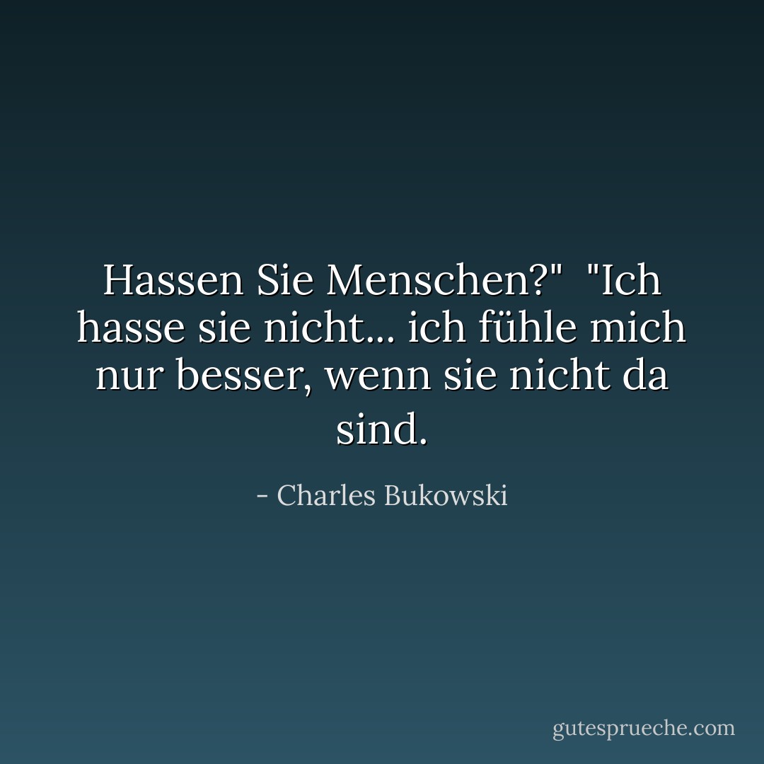 Hassen Sie Menschen?"<br /><br />"Ich hasse sie nicht... ich fühle mich nur besser, wenn sie nicht da sind. - Charles Bukowski<