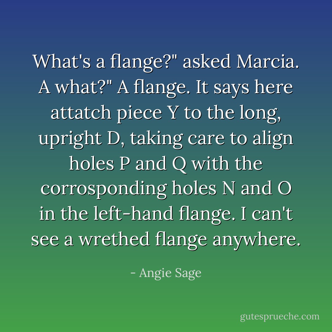 What's a flange?" asked Marcia.<br />A what?"<br />A flange. It says here attatch piece Y to the long, upright D, taking care to align holes P and Q with the corrosponding holes N and O in the left-hand flange. I can't see a wrethed flange anywhere. - Angie Sage