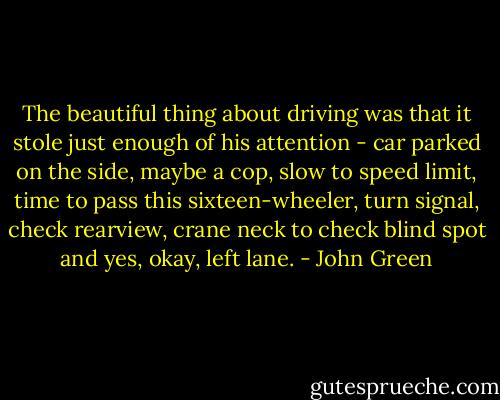 The beautiful thing about driving was that it stole just enough of his attention - car parked on the side, maybe a cop, slow to speed limit, time to pass this sixteen-wheeler, turn signal, check rearview, crane neck to check blind spot and yes, okay, left lane. - John Green