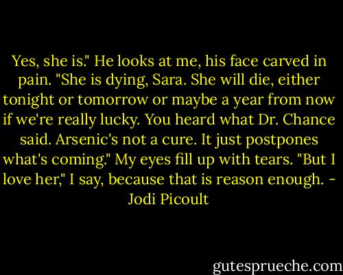 Yes, she is." He looks at me, his face carved in pain. "She is dying, Sara. She will die, either tonight or tomorrow or maybe a year from now if we're really lucky. You heard what Dr. Chance said. Arsenic's not a cure. It just postpones what's coming."<br />My eyes fill up with tears. "But I love her," I say, because that is reason enough. - Jodi Picoult