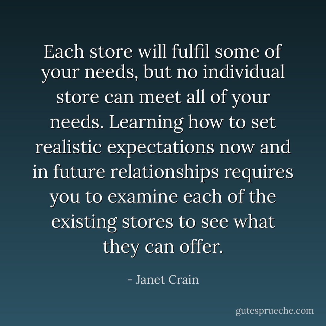 Each store will fulfil some of your needs, but no individual store can meet all of your needs. Learning how to set realistic expectations now and in future relationships requires you to examine each of the existing stores to see what they can offer. - Janet Crain