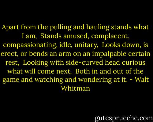Apart from the pulling and hauling stands what I am, <br />Stands amused, complacent, compassionating, idle, unitary, <br />Looks down, is erect, or bends an arm on an impalpable certain rest, <br />Looking with side-curved head curious what will come next, <br />Both in and out of the game and watching and wondering at it. - Walt Whitman