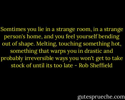 Somtimes you lie in a strange room, in a strange person's home, and you feel yourself bending out of shape. Melting, touching something hot, something that warps you in drastic and probably irreversible ways you won't get to take stock of until its too late - Rob Sheffield
