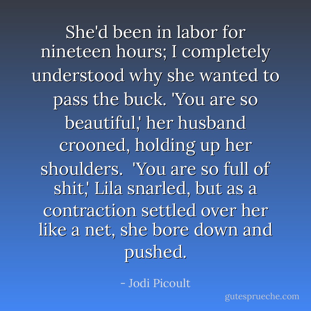 She'd been in labor for nineteen hours; I completely understood why she wanted to pass the buck. 'You are so beautiful,' her husband crooned, holding up her shoulders.<br /><br />'You are so full of shit,' Lila snarled, but as a contraction settled over her like a net, she bore down and pushed. - Jodi Picoult