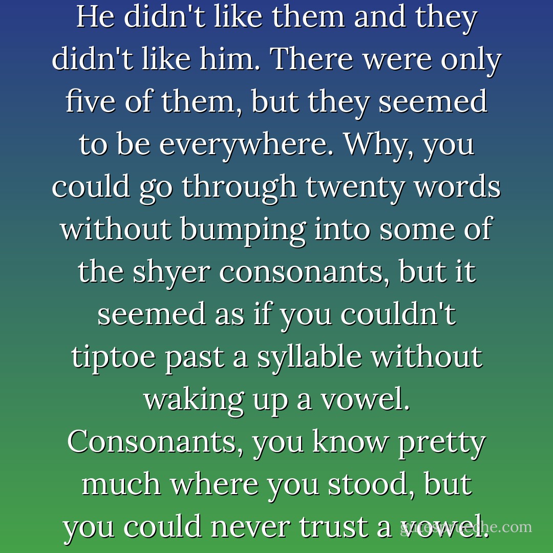 Vowels were something else. He didn't like them and they didn't like him. There were only five of them, but they seemed to be everywhere. Why, you could go through twenty words without bumping into some of the shyer consonants, but it seemed as if you couldn't tiptoe past a syllable without waking up a vowel. Consonants, you know pretty much where you stood, but you could never trust a vowel. - Jerry Spinelli