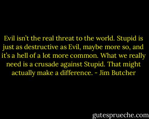 Evil isn’t the real threat to the world. Stupid is just as destructive as Evil, maybe more so, and it’s a hell of a lot more common. What we really need is a crusade against Stupid. That might actually make a difference. - Jim Butcher