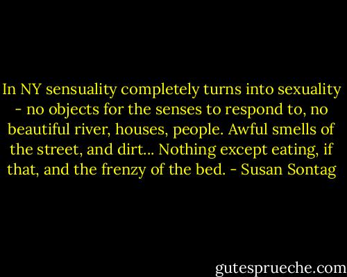 In NY sensuality completely turns into sexuality - no objects for the senses to respond to, no beautiful river, houses, people. Awful smells of the street, and dirt... Nothing except eating, if that, and the frenzy of the bed. - Susan Sontag