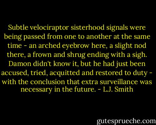 Subtle velociraptor sisterhood signals were being passed from one to another at the same time - an arched eyebrow here, a slight nod there, a frown and shrug ending with a sigh. Damon didn't know it, but he had just been accused, tried, acquitted and restored to duty - with the conclusion that extra surveillance was necessary in the future. - L.J. Smith
