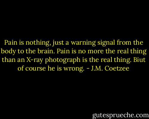 Pain is nothing, just a warning signal from the body to the brain. Pain is no more the real thing than an X-ray photograph is the real thing. Biut of course he is wrong. - J.M. Coetzee