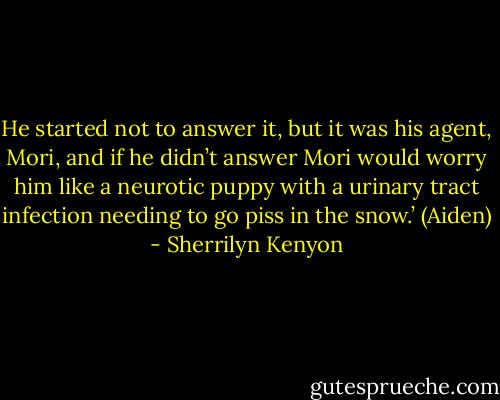 He started not to answer it, but it was his agent, Mori, and if he didn’t answer Mori would worry him like a neurotic puppy with a urinary tract infection needing to go piss in the snow.’ (Aiden) - Sherrilyn Kenyon