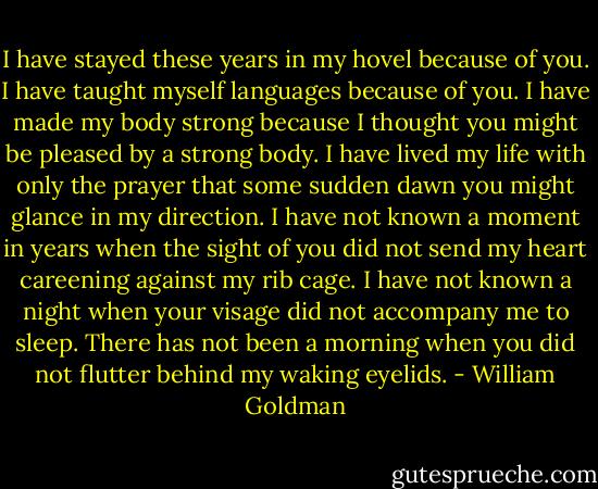 I have stayed these years in my hovel because of you. I have taught myself languages because of you. I have made my body strong because I thought you might be pleased by a strong body. I have lived my life with only the prayer that some sudden dawn you might glance in my direction. I have not known a moment in years when the sight of you did not send my heart careening against my rib cage. I have not known a night when your visage did not accompany me to sleep. There has not been a morning when you did not flutter behind my waking eyelids. - William Goldman