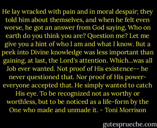 He lay wracked with pain and in moral despair; they told him about themselves, and when he felt even worse, he got an answer from God saying, Who on earth do you think you are? Question me? Let me give you a hint of who I am and what I know. But a peek into Divine knowledge was less important than gaining, at last, the Lord's attention. Which...was all Job ever wanted. Not proof of His existence-- he never questioned that. Nor proof of His power- everyone accepted that. He simply wanted to catch His eye. To be recognized not as worthy or worthless, but to be noticed as a life-form by the One who made and unmade it. - Toni Morrison