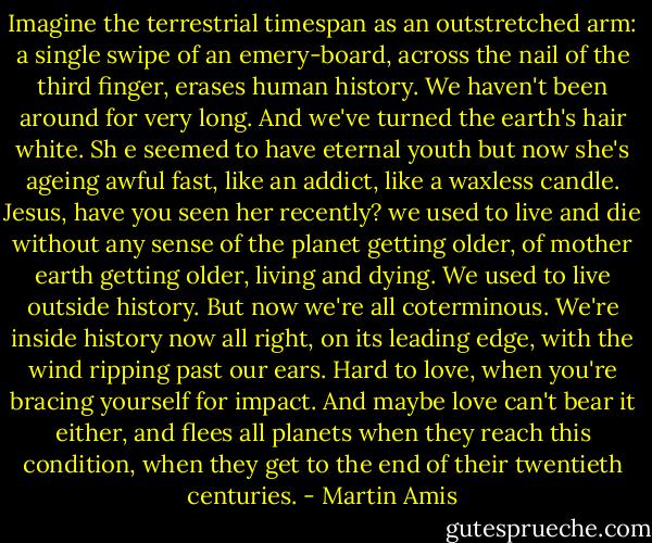 Imagine the terrestrial timespan as an outstretched arm: a single swipe of an emery-board, across the nail of the third finger, erases human history. We haven't been around for very long. And we've turned the earth's hair white. Sh e seemed to have eternal youth but now she's ageing awful fast, like an addict, like a waxless candle. Jesus, have you seen her recently? we used to live and die without any sense of the planet getting older, of mother earth getting older, living and dying. We used to live outside history. But now we're all coterminous. We're inside history now all right, on its leading edge, with the wind ripping past our ears. Hard to love, when you're bracing yourself for impact. And maybe love can't bear it either, and flees all planets when they reach this condition, when they get to the end of their twentieth centuries. - Martin Amis
