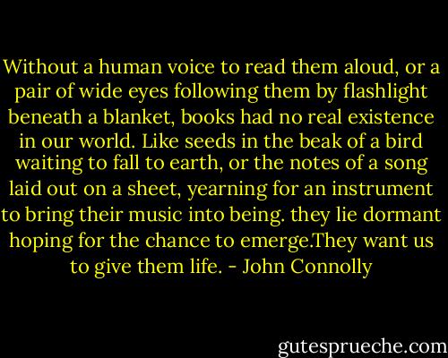 Without a human voice to read them aloud, or a pair of wide eyes following them by flashlight beneath a blanket, books had no real existence in our world. Like seeds in the beak of a bird waiting to fall to earth, or the notes of a song laid out on a sheet, yearning for an instrument to bring their music into being. they lie dormant hoping for the chance to emerge.They want us to give them life. - John Connolly