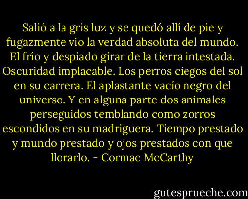Salió a la gris luz y se quedó allí de pie y fugazmente vio la verdad absoluta del mundo. El frío y despiado girar de la tierra intestada. Oscuridad implacable. Los perros ciegos del sol en su carrera. El aplastante vacío negro del universo. Y en alguna parte dos animales perseguidos temblando como zorros escondidos en su madriguera. Tiempo prestado y mundo prestado y ojos prestados con que llorarlo. - Cormac McCarthy