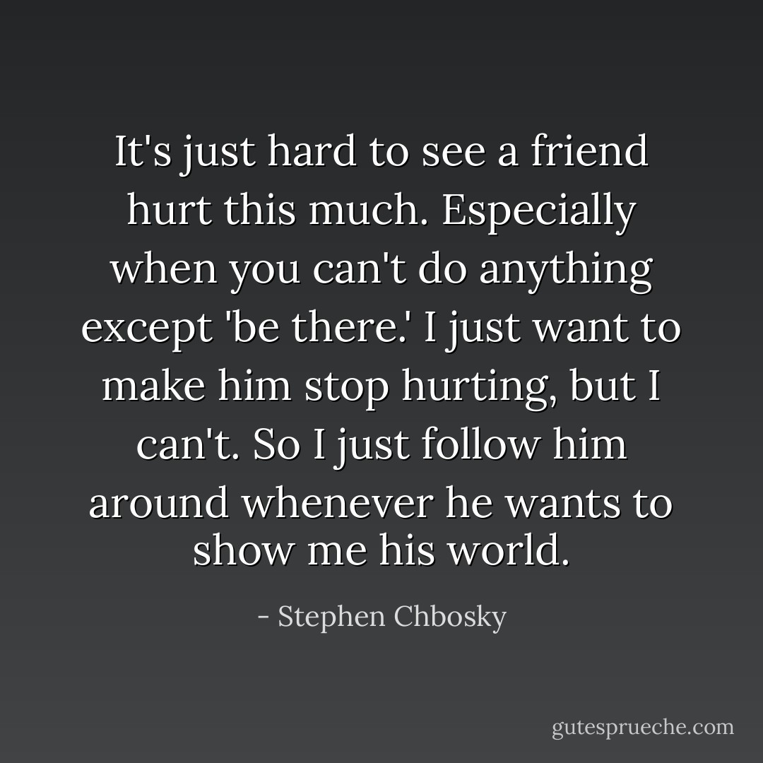 It's just hard to see a friend hurt this much. Especially when you can't do anything except 'be there.' I just want to make him stop hurting, but I can't. So I just follow him around whenever he wants to show me his world. - Stephen Chbosky