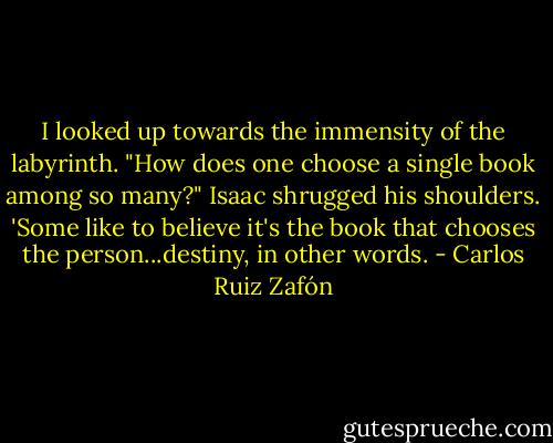 I looked up towards the immensity of the labyrinth.<br />"How does one choose a single book among so many?"<br />Isaac shrugged his shoulders.<br />'Some like to believe it's the book that chooses the person...destiny, in other words. - Carlos Ruiz Zafón