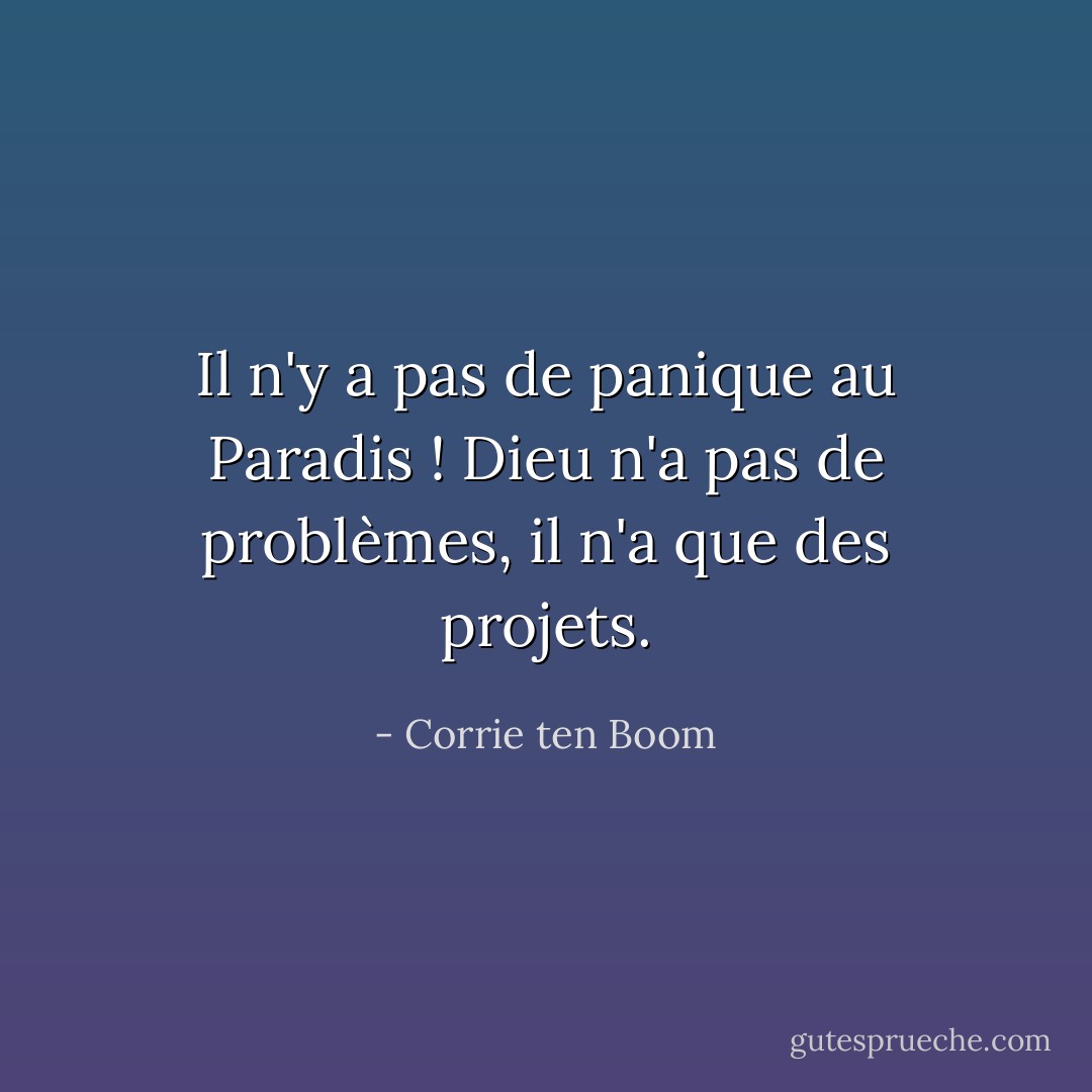 Il n'y a pas de panique au Paradis ! Dieu n'a pas de problèmes, il n'a que des projets. - Corrie ten Boom
