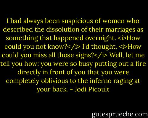 I had always been suspicious of women who described the dissolution of their marriages as something that happened overnight. <i>How could you not know?</i> I'd thought. <i>How could you miss all those signs?</i> Well, let me tell you how: you were so busy putting out a fire directly in front of you that you were completely oblivious to the inferno raging at your back. - Jodi Picoult