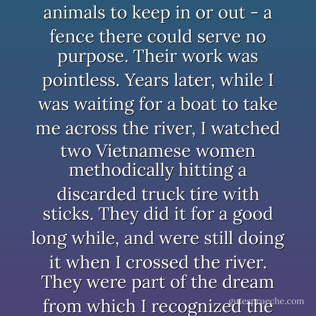 Why were Jack and his brother digging post holes? A fence there would run parallel to the one that already enclosed the farmyard. The Welches had no animals to keep in or out - a fence there could serve no purpose. Their work was pointless. Years later, while I was waiting for a boat to take me across the river, I watched two Vietnamese women methodically hitting a discarded truck tire with sticks. They did it for a good long while, and were still doing it when I crossed the river. They were part of the dream from which I recognized the Welches, my defeat-dream, my damnation-dream, with its solemn choreography of earnest useless acts. - Tobias Wolff