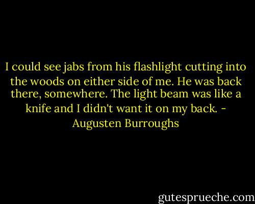 I could see jabs from his flashlight cutting into the woods on either side of me. He was back there, somewhere. The light beam was like a knife and I didn't want it on my back. - Augusten Burroughs