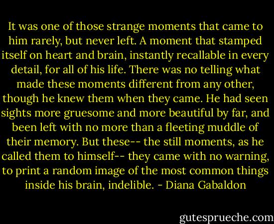 It was one of those strange moments that came to him rarely, but never left. A moment that stamped itself on heart and brain, instantly recallable in every detail, for all of his life. There was no telling what made these moments different from any other, though he knew them when they came. He had seen sights more gruesome and more beautiful by far, and been left with no more than a fleeting muddle of their memory. But these-- the still moments, as he called them to himself-- they came with no warning, to print a random image of the most common things inside his brain, indelible. - Diana Gabaldon