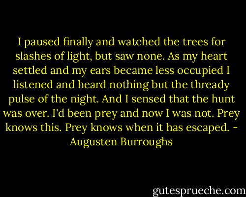 I paused finally and watched the trees for slashes of light, but saw none. As my heart settled and my ears became less occupied I listened and heard nothing but the thready pulse of the night. And I sensed that the hunt was over. I'd been prey and now I was not. Prey knows this. Prey knows when it has escaped. - Augusten Burroughs