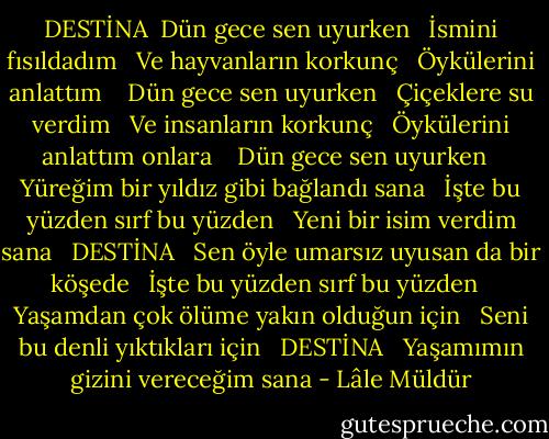 DESTİNA<br /><br />Dün gece sen uyurken <br /><br />İsmini fısıldadım <br /><br />Ve hayvanların korkunç <br /><br />Öykülerini anlattım <br /><br /><br />Dün gece sen uyurken <br /><br />Çiçeklere su verdim <br /><br />Ve insanların korkunç <br /><br />Öykülerini anlattım onlara <br /><br /><br />Dün gece sen uyurken <br /><br />Yüreğim bir yıldız gibi bağlandı sana <br /><br />İşte bu yüzden sırf bu yüzden <br /><br />Yeni bir isim verdim sana <br /><br />DESTİNA <br /><br />Sen öyle umarsız uyusan da bir köşede <br /><br />İşte bu yüzden sırf bu yüzden <br /><br />Yaşamdan çok ölüme yakın olduğun için <br /><br />Seni bu denli yıktıkları için <br /><br />DESTİNA <br /><br />Yaşamımın gizini vereceğim sana - Lâle Müldür