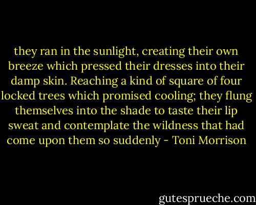 they ran in the sunlight, creating their own breeze which pressed their dresses into their damp skin. Reaching a kind of square of four locked trees which promised cooling; they flung themselves into the shade to taste their lip sweat and contemplate the wildness that had come upon them so suddenly - Toni Morrison