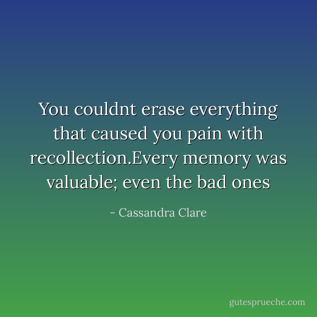 You couldnt erase everything that caused you pain with recollection.Every memory was valuable; even the bad ones - Cassandra Clare