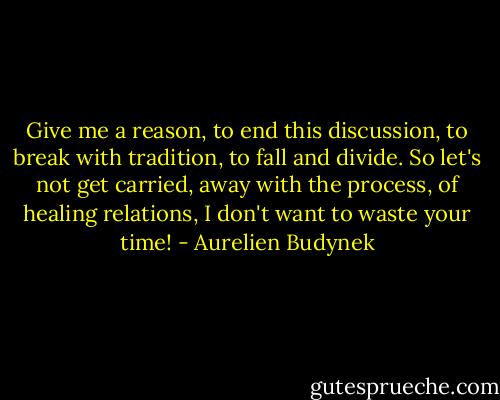 Give me a reason, to end this discussion, to break with tradition, to fall and divide. So let's not get carried, away with the process, of healing relations, I don't want to waste your time! - Aurelien Budynek