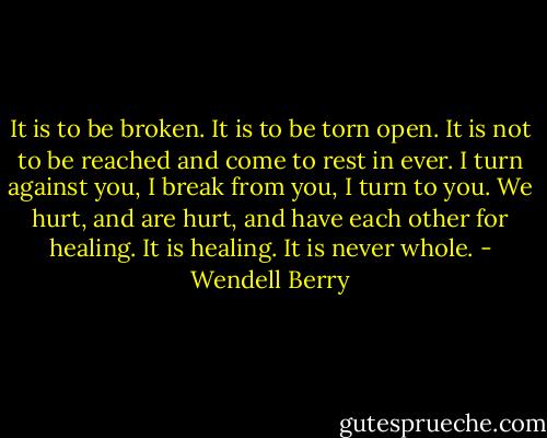 It is to be broken. It is to be<br />torn open. It is not to be<br />reached and come to rest in<br />ever. I turn against you,<br />I break from you, I turn to you.<br />We hurt, and are hurt,<br />and have each other for healing.<br />It is healing. It is never whole. - Wendell Berry