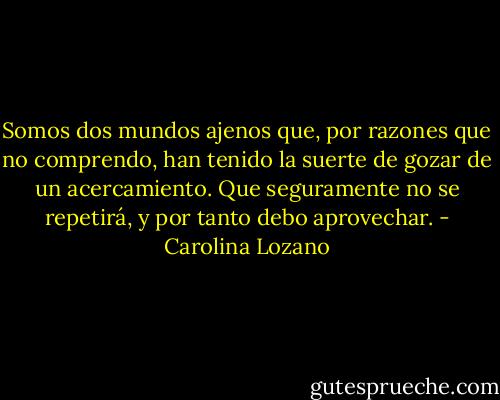Somos dos mundos ajenos que, por razones que no comprendo, han tenido la suerte de gozar de un acercamiento. Que seguramente no se repetirá, y por tanto debo aprovechar. - Carolina Lozano