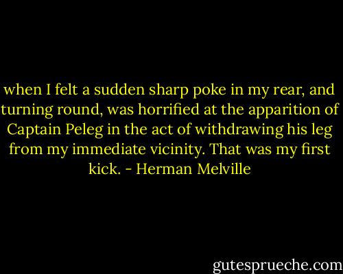 when I felt a sudden sharp poke in my rear, and turning round, was horrified at the apparition of Captain Peleg in the act of withdrawing his leg from my immediate vicinity. That was my first kick. - Herman Melville