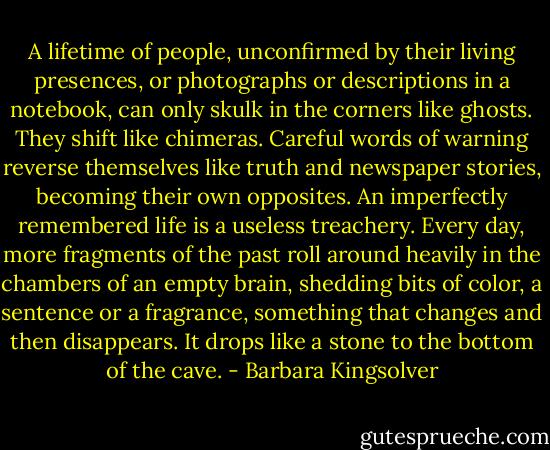 A lifetime of people, unconfirmed by their living presences, or photographs or descriptions in a notebook, can only skulk in the corners like ghosts. They shift like chimeras. Careful words of warning reverse themselves like truth and newspaper stories, becoming their own opposites. An imperfectly remembered life is a useless treachery. Every day, more fragments of the past roll around heavily in the chambers of an empty brain, shedding bits of color, a sentence or a fragrance, something that changes and then disappears. It drops like a stone to the bottom of the cave. - Barbara Kingsolver