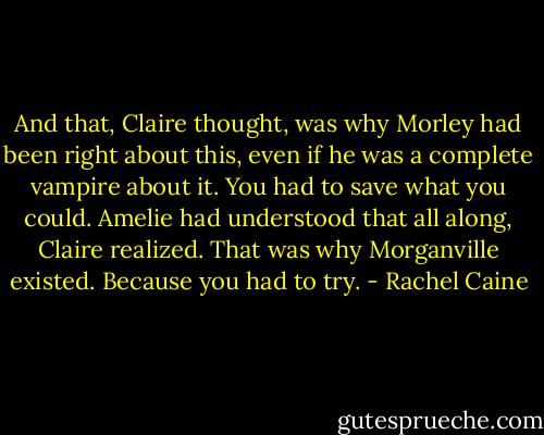 And that, Claire thought, was why Morley had been right about this, even if he was a complete vampire about<br />it.<br />You had to save what you could.<br />Amelie had understood that all along, Claire realized. That was why Morganville existed. Because you had to<br />try. - Rachel Caine