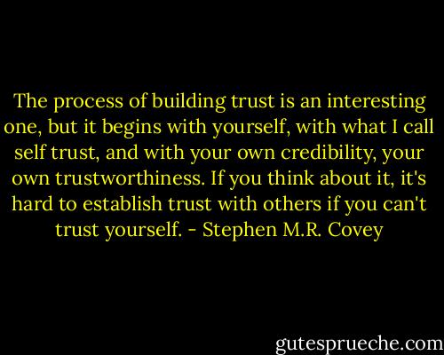 The process of building trust is an interesting one, but it begins with yourself, with what I call self trust, and with your own credibility, your own trustworthiness. If you think about it, it's hard to establish trust with others if you can't trust yourself. - Stephen M.R. Covey