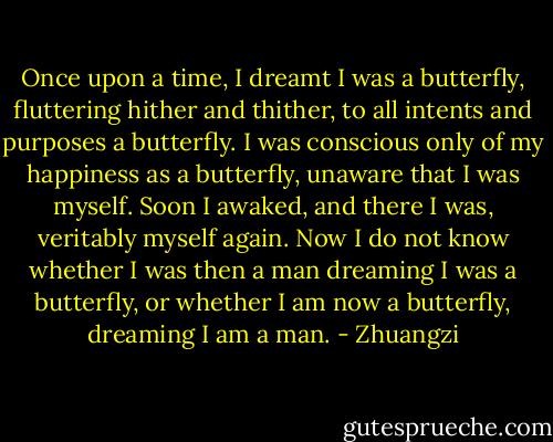 Once upon a time, I dreamt I was a butterfly, fluttering hither and thither, to all intents and purposes a butterfly. I was conscious only of my happiness as a butterfly, unaware that I was myself. Soon I awaked, and there I was, veritably myself again. Now I do not know whether I was then a man dreaming I was a butterfly, or whether I am now a butterfly, dreaming I am a man. - Zhuangzi