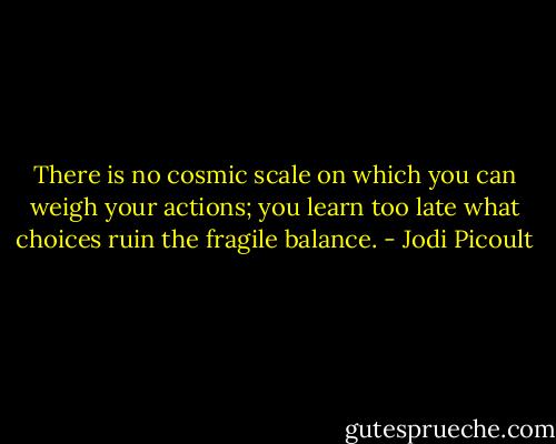 There is no cosmic scale on which you can weigh your actions; you learn too late what choices ruin the fragile balance. - Jodi Picoult