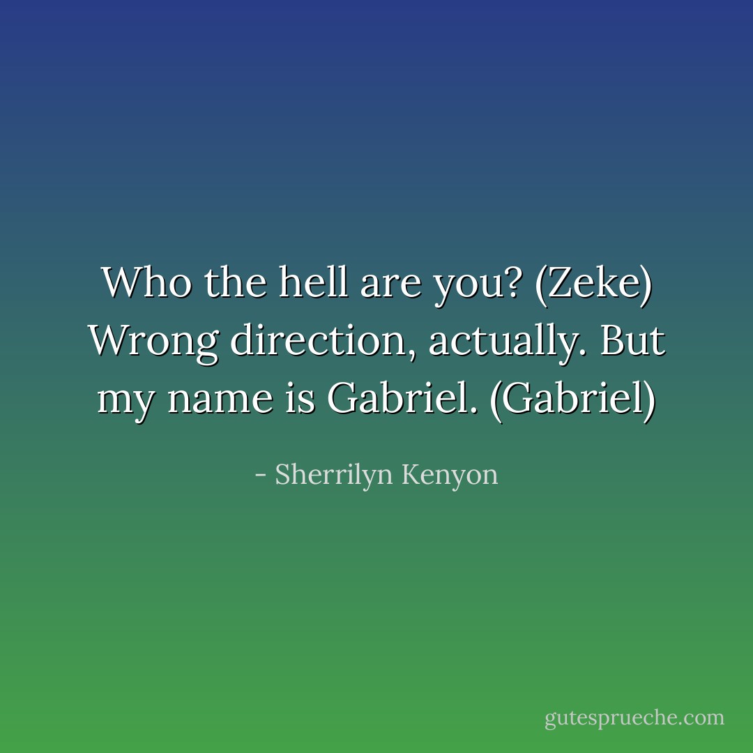 Who the hell are you? (Zeke)<br />Wrong direction, actually. But my name is Gabriel. (Gabriel) - Sherrilyn Kenyon