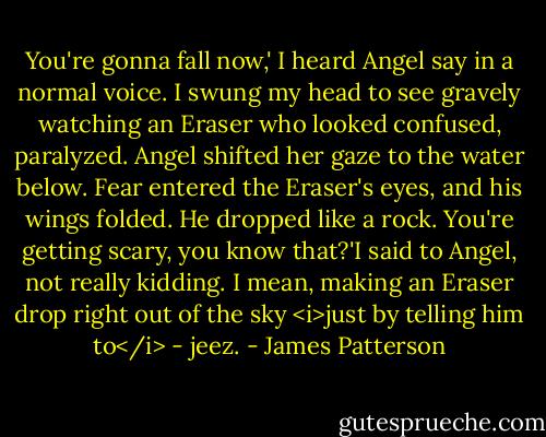You're gonna fall now,' I heard Angel say in a normal voice. I swung my head to see gravely watching an Eraser who looked confused, paralyzed. Angel shifted her gaze to the water below. Fear entered the Eraser's eyes, and his wings folded. He dropped like a rock.<br />You're getting scary, you know that?'I said to Angel, not really kidding. I mean, making an Eraser drop right out of the sky <i>just by telling him to</i> - jeez. - James Patterson