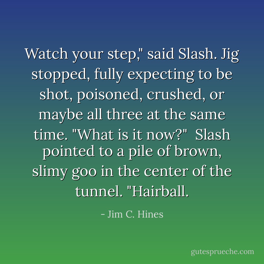 Watch your step," said Slash.<br />Jig stopped, fully expecting to be shot, poisoned, crushed, or maybe all three at the same time. "What is it now?" <br />Slash pointed to a pile of brown, slimy goo in the center of the tunnel. "Hairball. - Jim C. Hines