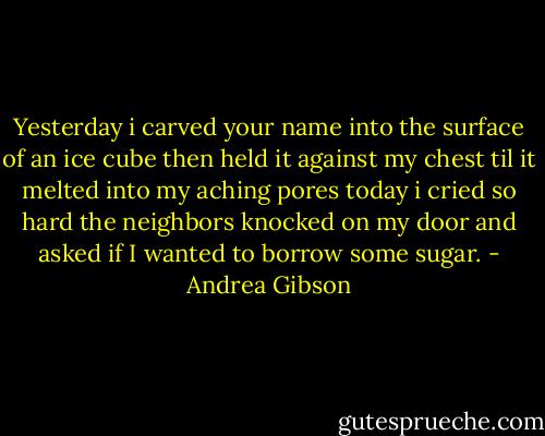 Yesterday i carved your name into the surface of an ice cube<br />then held it against my chest til it melted into my aching pores<br />today i cried so hard the neighbors knocked on my door<br />and asked if I wanted to borrow some sugar. - Andrea Gibson