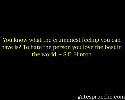 You know what the crummiest feeling you can have is? To hate the person you love the best in the world. - S.E. Hinton