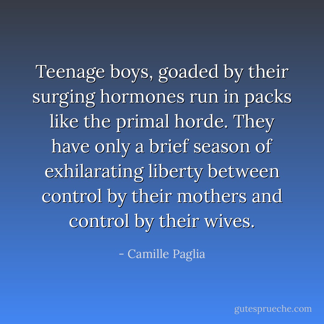 Teenage boys, goaded by their surging hormones run in packs like the primal horde. They have only a brief season of exhilarating liberty between control by their mothers and control by their wives. - Camille Paglia