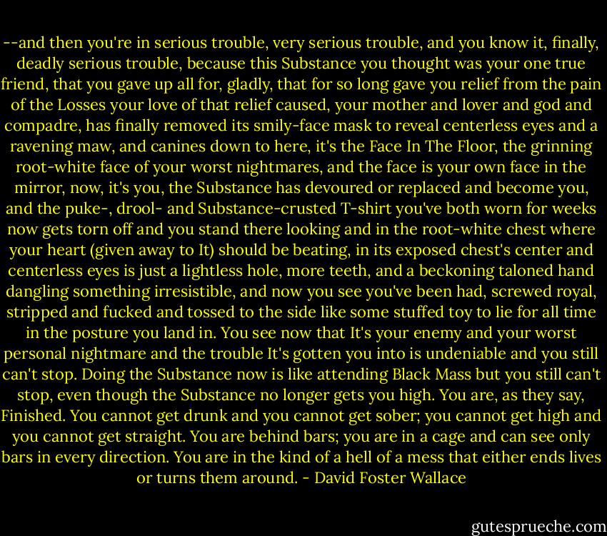 --and then you're in serious trouble, very serious trouble, and you know it, finally, deadly serious trouble, because this Substance you thought was your one true friend, that you gave up all for, gladly, that for so long gave you relief from the pain of the Losses your love of that relief caused, your mother and lover and god and compadre, has finally removed its smily-face mask to reveal centerless eyes and a ravening maw, and canines down to here, it's the Face In The Floor, the grinning root-white face of your worst nightmares, and the face is your own face in the mirror, now, it's you, the Substance has devoured or replaced and become you, and the puke-, drool- and Substance-crusted T-shirt you've both worn for weeks now gets torn off and you stand there looking and in the root-white chest where your heart (given away to It) should be beating, in its exposed chest's center and centerless eyes is just a lightless hole, more teeth, and a beckoning taloned hand dangling something irresistible, and now you see you've been had, screwed royal, stripped and fucked and tossed to the side like some stuffed toy to lie for all time in the posture you land in. You see now that It's your enemy and your worst personal nightmare and the trouble It's gotten you into is undeniable and you still can't stop. Doing the Substance now is like attending Black Mass but you still can't stop, even though the Substance no longer gets you high. You are, as they say, Finished. You cannot get drunk and you cannot get sober; you cannot get high and you cannot get straight. You are behind bars; you are in a cage and can see only bars in every direction. You are in the kind of a hell of a mess that either ends lives or turns them around. - David Foster Wallace