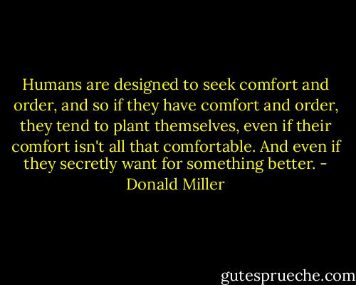 Humans are designed to seek comfort and order, and so if they have comfort and order, they tend to plant themselves, even if their comfort isn't all that comfortable. And even if they secretly want for something better. - Donald Miller